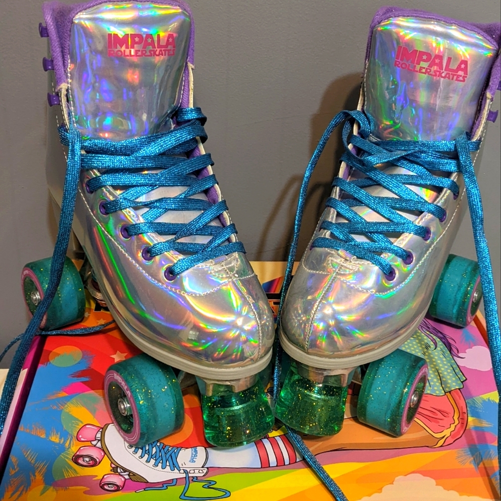 Holographic Roller Skates with Blue Laces